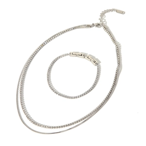 Parure collier double couche et bracelet tennis en acier titane plaqué argent et zircon