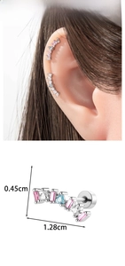 Detailed dimensions of curved cartilage stud with colorful pavé cubic zirconia