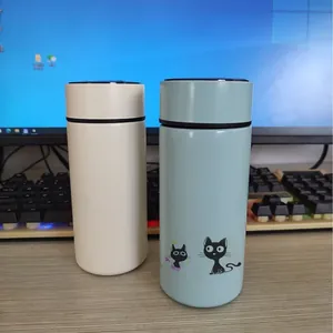 Smart 316 stainless steel vacuum flask with matte finish and cute cat pattern on office desk