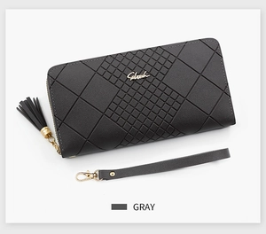 Close-up of black long leather wallet featuring diamond pattern and tassel detail
