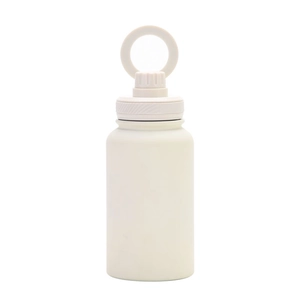 Close-up of matte white stainless steel bottle cap featuring a round portable handle ring