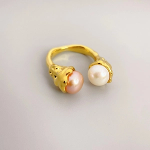 Adjustable gold open ring featuring elegant white and pink cultured pearls for women