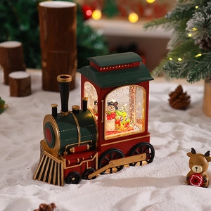 Detail of vintage Christmas train snow globe with snowman scene and warm festive lighting