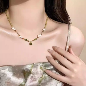 18k gold plated necklace with freshwater pearls and square green zircon pendant