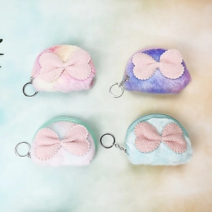 Cute gradient plush half-round coin purses with knitted pink bows and keychains