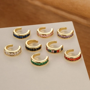 8-piece set of gold C-shaped ear cuffs with multicolored rectangular cubic zirconia