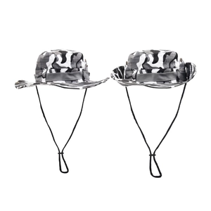 Detail of camouflage boonie hats featuring wide brims and adjustable chin straps