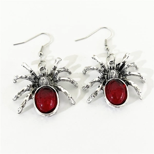 Gothic vintage silver spider earrings with faceted red crystal pendant and ear hook