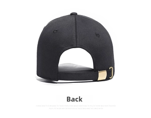 Detail view of cotton baseball cap back with adjustable strap and gold metal buckle