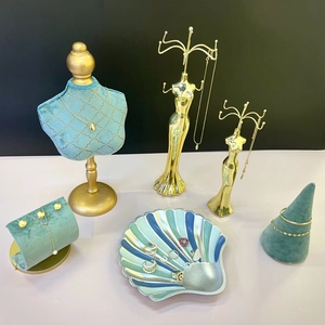 Jewelry Display Rack Metal Gold Mannequin Bust Necklace Holder Velvet Ring Cone Shell Tray Organizer Photography Props