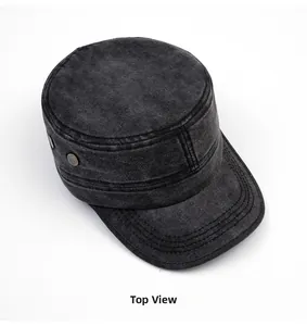 Top view of a charcoal gray washed cotton military flat top cap with metal side buckle