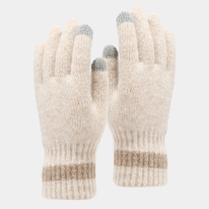 Detail of knitted touchscreen gloves in beige with gray conductive fingertips and brown stripes