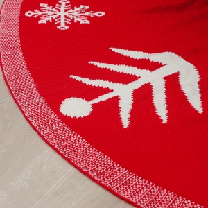 120cm red knitted Christmas tree skirt with white snowflake and tree patterns