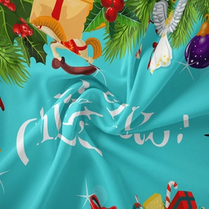 Detail of Christmas tapestry fabric showing festive prints and Merry Christmas text