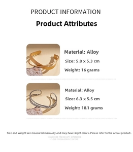 Detail view of gold and silver alloy cuff bracelets with material specs and dimensions