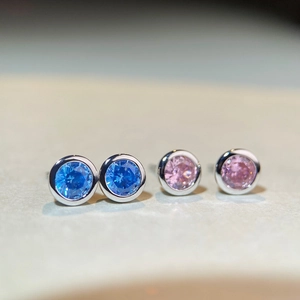 Minimalist S925 sterling silver stud earrings with blue and pink round cubic zirconia