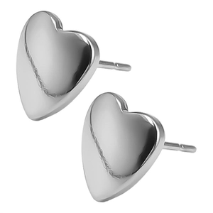 Macro shot of silver 304 stainless steel heart studs with a polished 3D finish