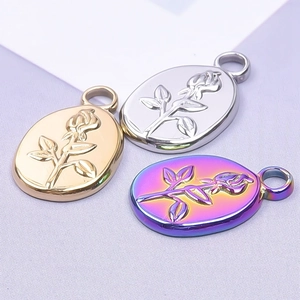 Oval rose flower embossed pendants in gold silver and iridescent steel finishes