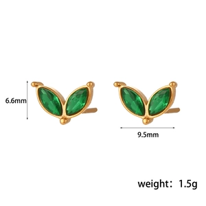 Gold-plated stainless steel flower stud earrings with green zircon marquise leaves