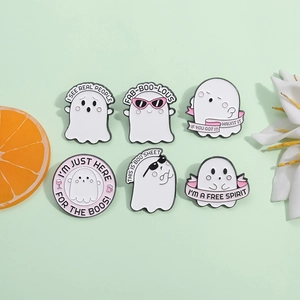 Set of six cute pink ghost enamel pins with fun Halloween puns on green background