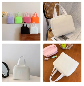 Collage of colorful insulated lunch bags for kids in various lifestyle settings
