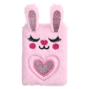 Pink plush bunny notebook for kids with glitter ears and heart design on white background