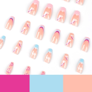 French tip press-on nails with rainbow cloud and pink heart designs on long coffin shape