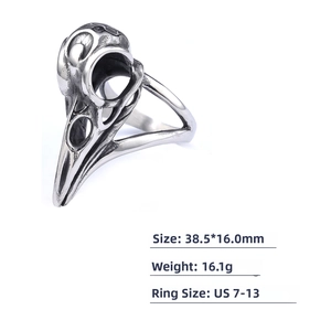 Close-up of retro punk bird skull ring showing 38.5mm by 16.0mm dimensions and size guide
