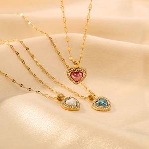 18K gold plated stainless steel heart necklaces with red white and blue enamel pendants