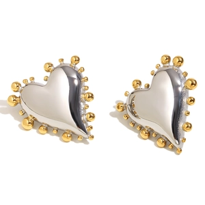 Two-tone heart stud earrings with golden beads on stainless steel, 18K gold plated finish
