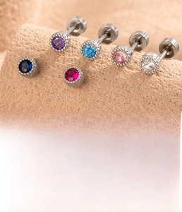 Detailed set of 6 colorful round zircon cartilage studs in silver-toned titanium steel