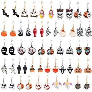 Detailed grid of Halloween earrings featuring bat, pumpkin, ghost and skull motifs