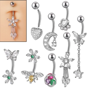 Stainless Steel Belly Piercing Rings With Cubic Zirconia Heart Butterfly Flower Moon Bee Dangle Sexy Navel Jewelry Women