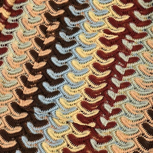 Detail of colorful wavy crochet knit texture on this loose-fit long sleeve shirt