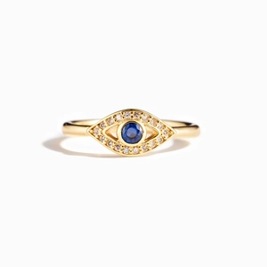 Adjustable S925 sterling silver evil eye ring with blue stone and white zircons