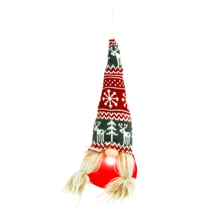 Gnome de Noël suspendu lumineux LED avec motifs tricotés et longue barbe blanche