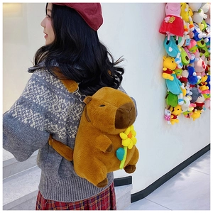 Detailed view of Capybara plush backpack featuring a yellow flower on a model