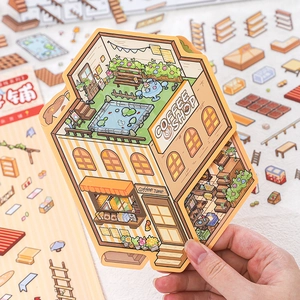 3D miniature coffee shop stickers with layered architecture for DIY scrapbooking