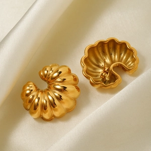 18k gold plated stainless steel wave texture croissant stud earrings on white satin