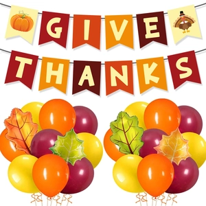 Thanksgiving party kit with Give Thanks banner, maple leaf foil balloons, and latex balloons