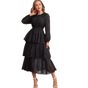 French style black long-sleeve tiered dress with fringe texture and slim fit design