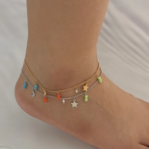 Colorful star and moon charm layered anklet with beads on stainless steel chain