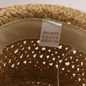Close-up of sweatband and 100% paper material label inside the summer straw fedora