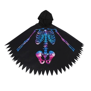 Halloween hooded cloak featuring a galaxy skull bone print and jagged hemline