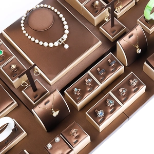 Coffee brown silk jewelry display set with necklace stands and ring holders