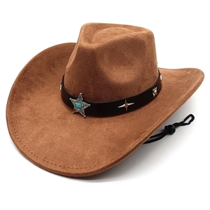 Classic faux suede western cowboy hat in tan with decorative star buckle and chin strap