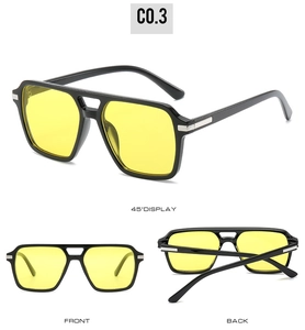 Three-view display of black square aviator sunglasses with yellow lenses and silver details