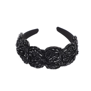Elegant handmade black crystal flower headband with sparkling beads on wide fabric base