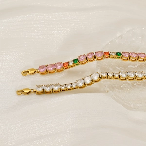 Tennis bracelet with round cut cubic zirconia stones in multi-color and clear gold plating