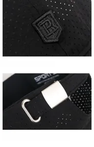 Close-up of R logo embroidery and adjustable metal buckle on black mesh sports cap